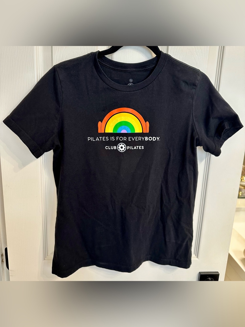 Club Pilates Black Tee with Rainbow Graphic Adult Size M